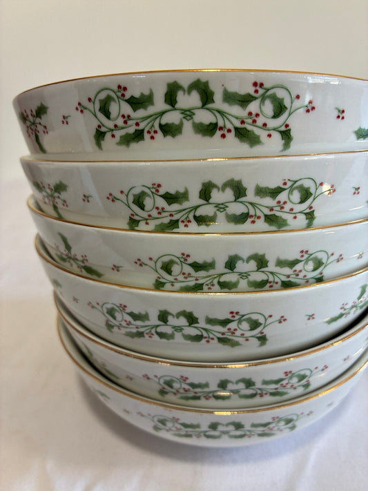 Set of 6 Christmas Holly Berry Bowls with Gold Trim