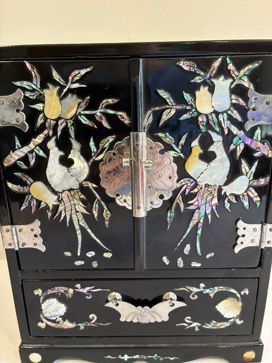 Vintage Black Lacquer Mother of Pearl Jewelry Cabinet | Asian Bird Floral Inlay
