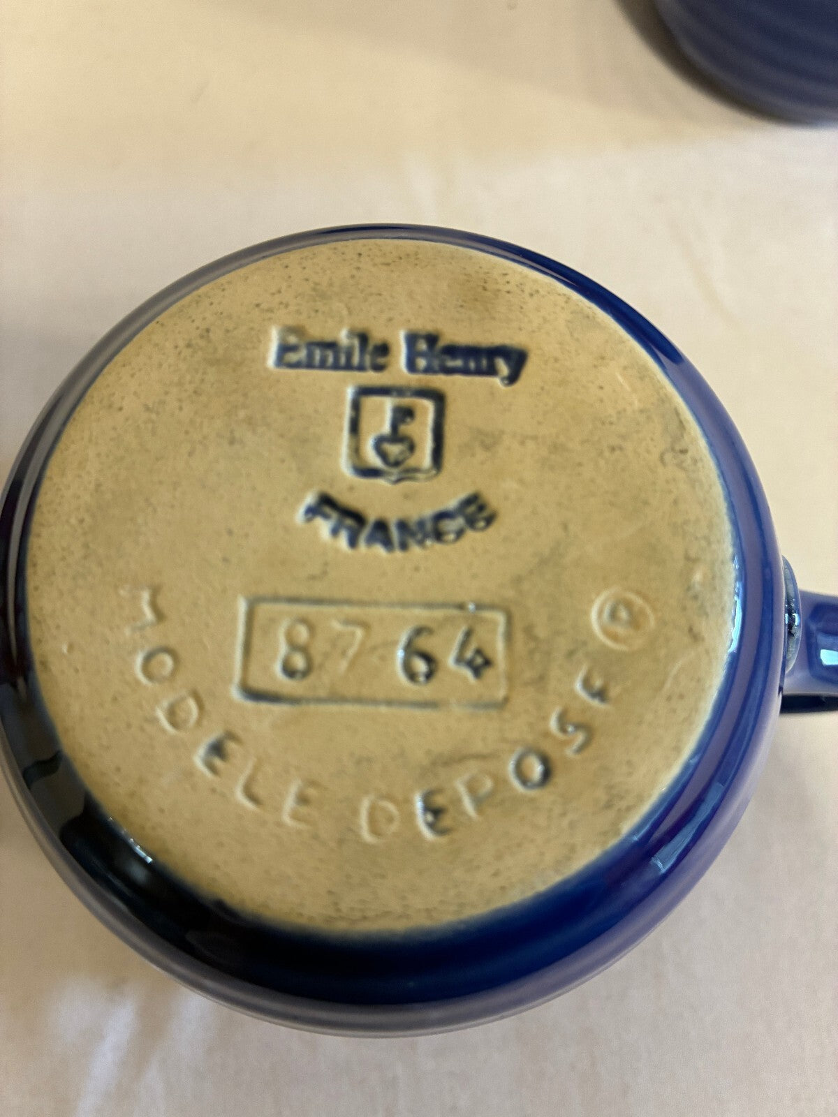 Vintage Emile Henry France Cobalt Blue Mugs Set of 4, Ribbed Stoneware Cups