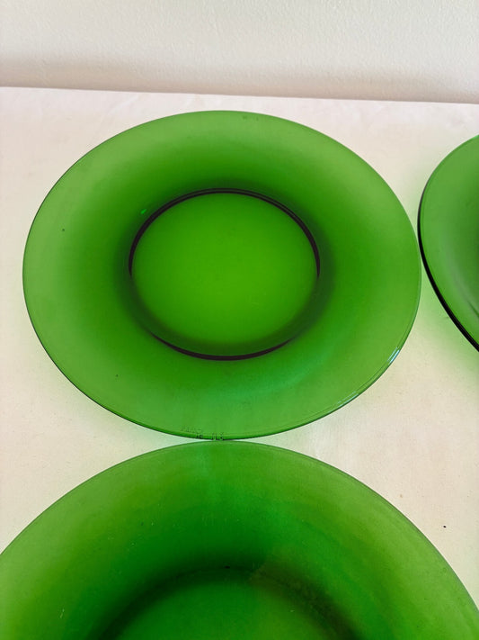 Vintage Set of 4 Green Glass Plates, Vereco France, Emerald Salad Dessert Plate