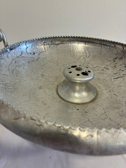 Vintage Hammered Aluminum Nutcracker Bowl,Etched Floral Handled Centerpiece Bowl