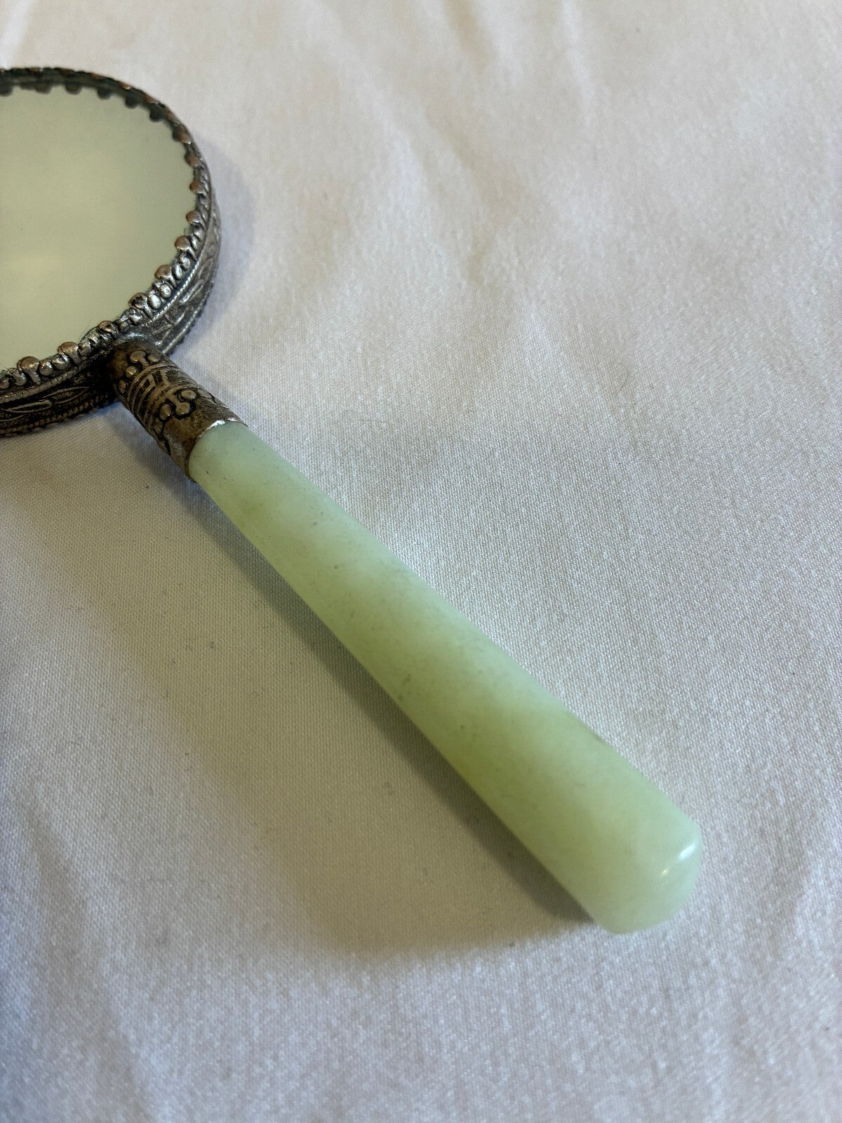 Vintage Painted Hand Mirror Jade Handle Silver Frame Asian Lady Scene