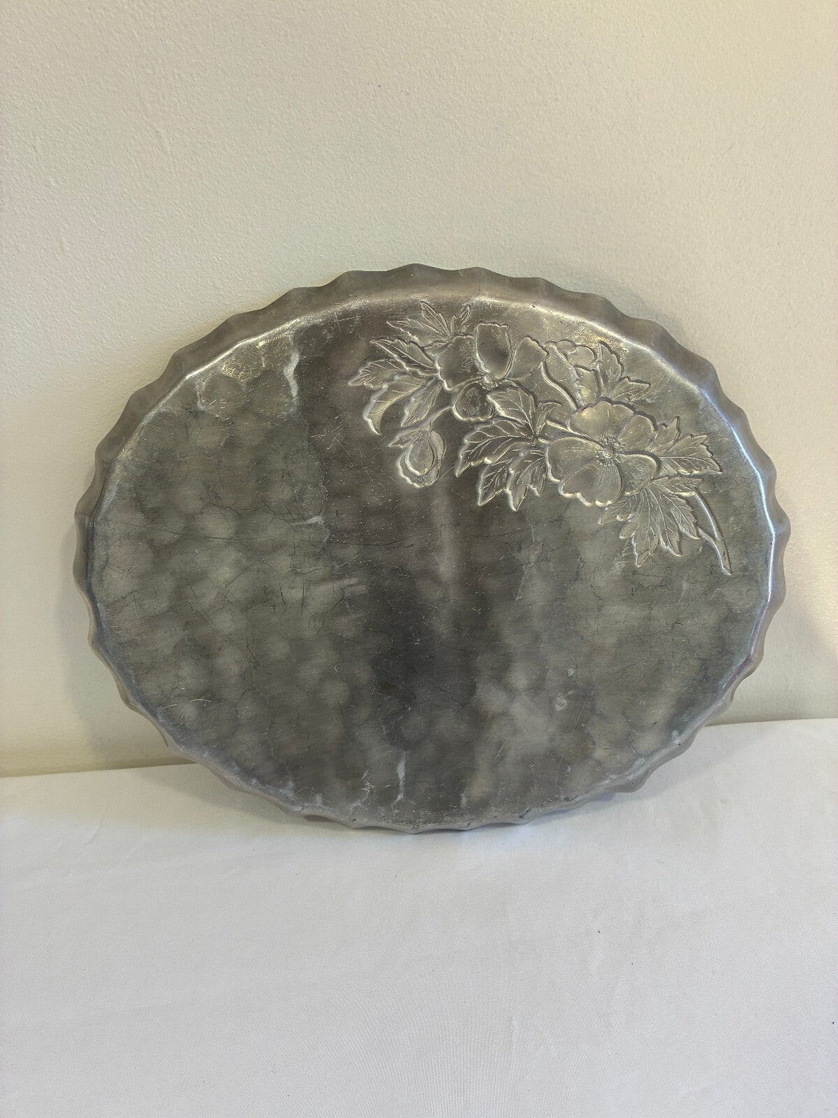 Vintage Hammered Aluminum Oval Tray | Hand Chased Peony Flower Design