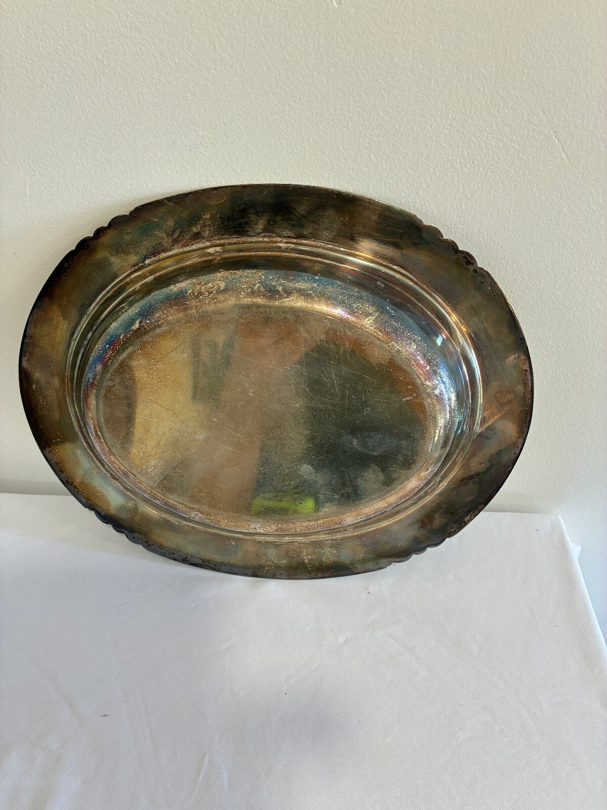 Vintage Silverplate Oval Serving Bowl Ornate Scalloped Tray
