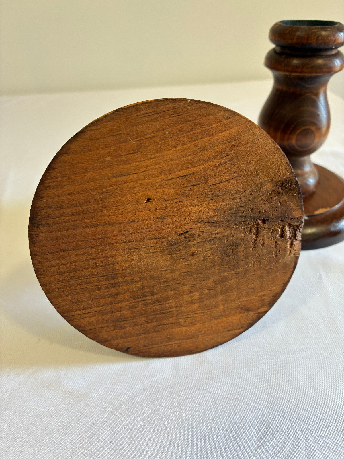 Vintage Turned Wood Candlestick Holders Pair | Round Base Wooden Candleholders