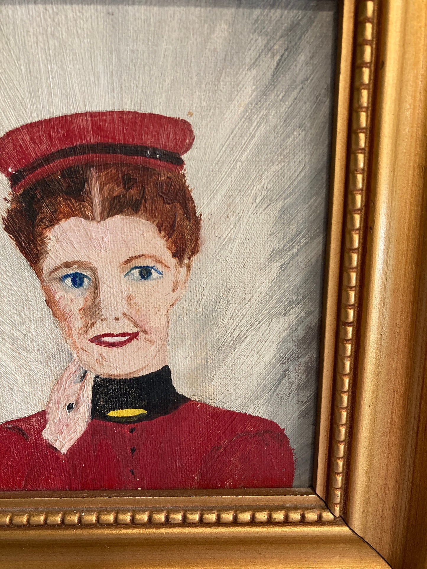 Vintage Original Woman in Red Oil Painting with Gold Frame