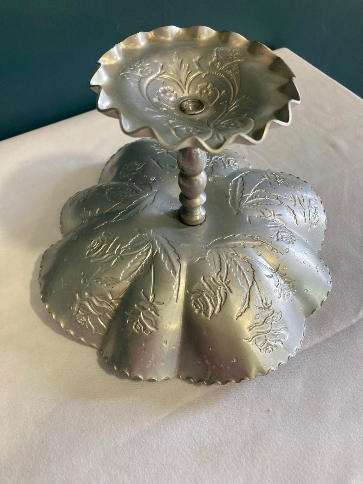 Vintage Aluminum Pedestal Dish with Scalloped Edge