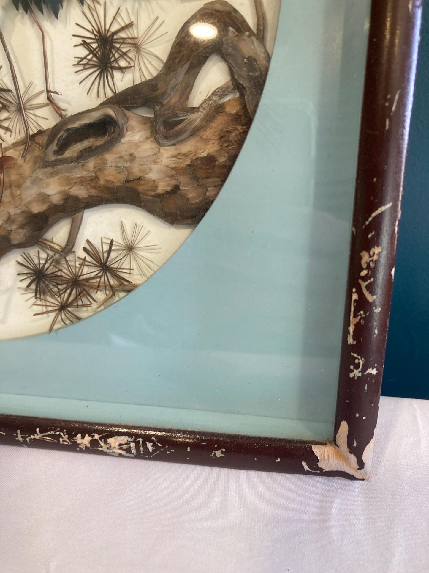 Vintage Chinese 3D Crane Picture Asian Mosaic Feather Art in Shadowbox wood Frame