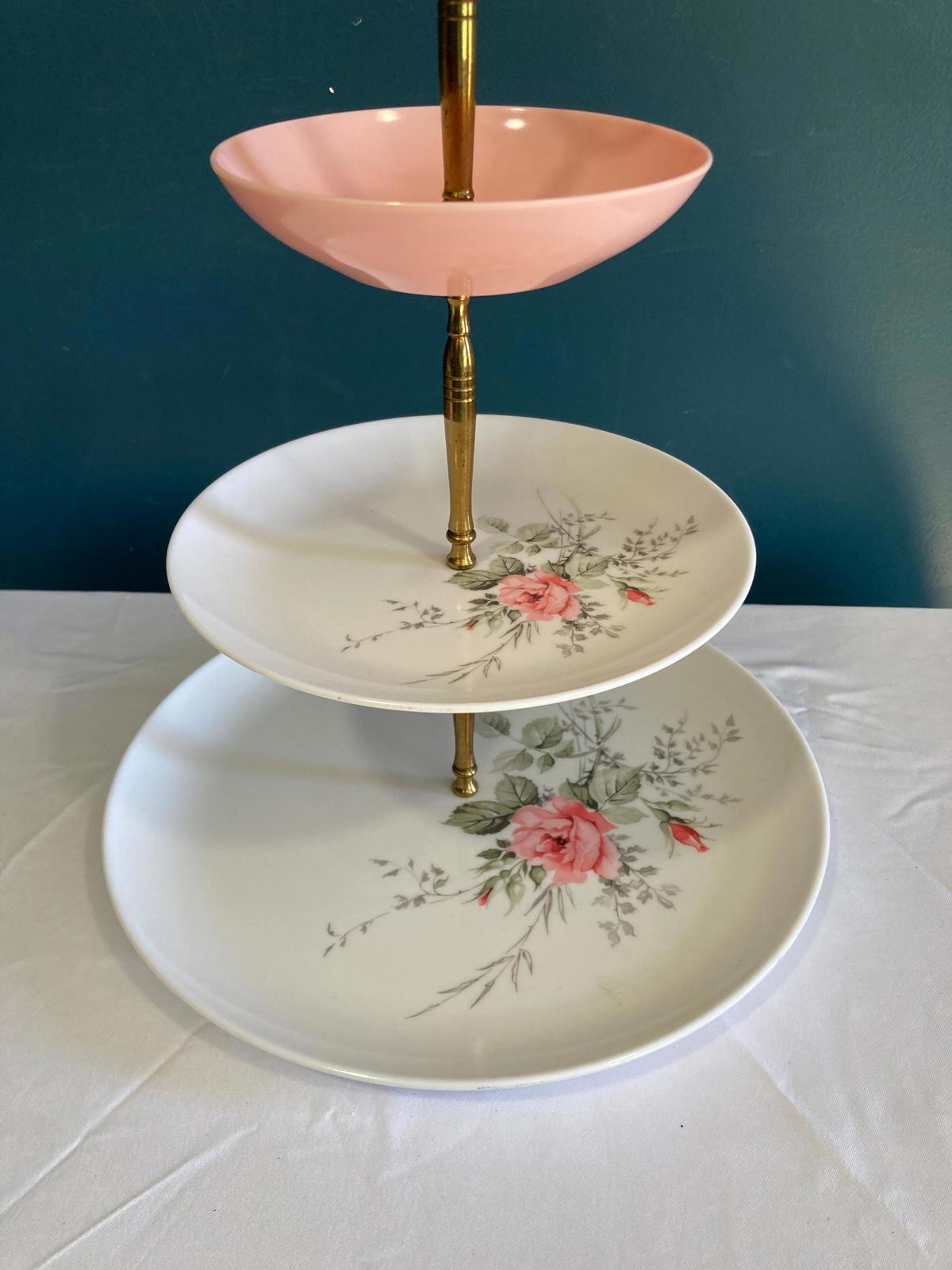Mid-Century 3-Tiered Pink Roses Server With Brass Handle