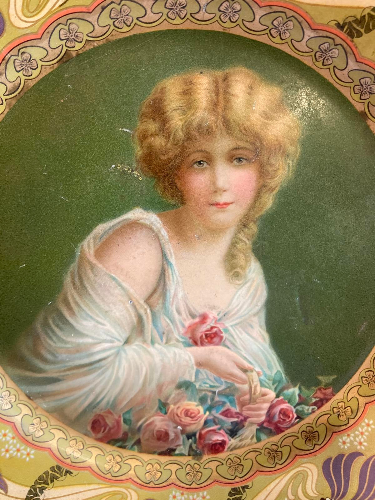Royal Saxony “Flower Girl” Decorative Metal Plate by Chas W. Shonk Co. Chicago