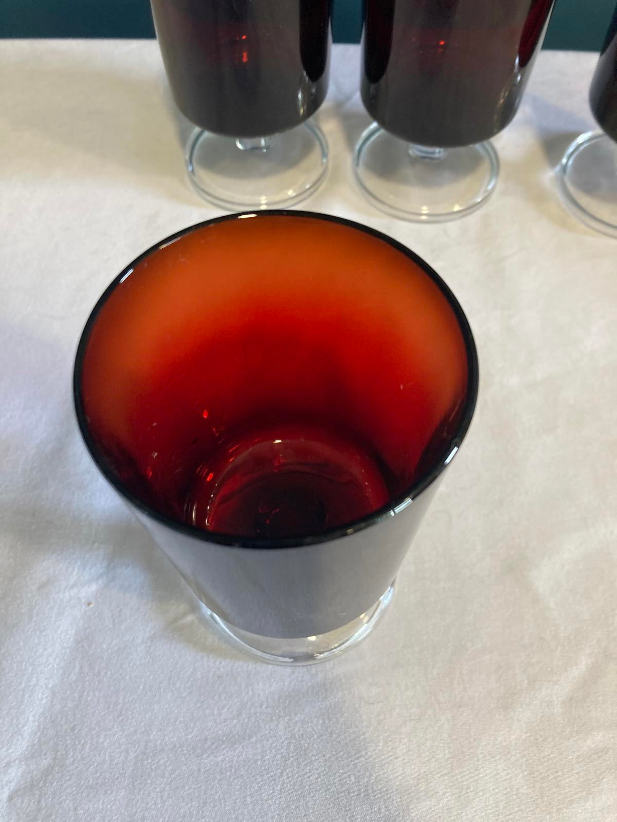 Vintage Luminarc French Glasses Red with Clear Stem, Set of 6