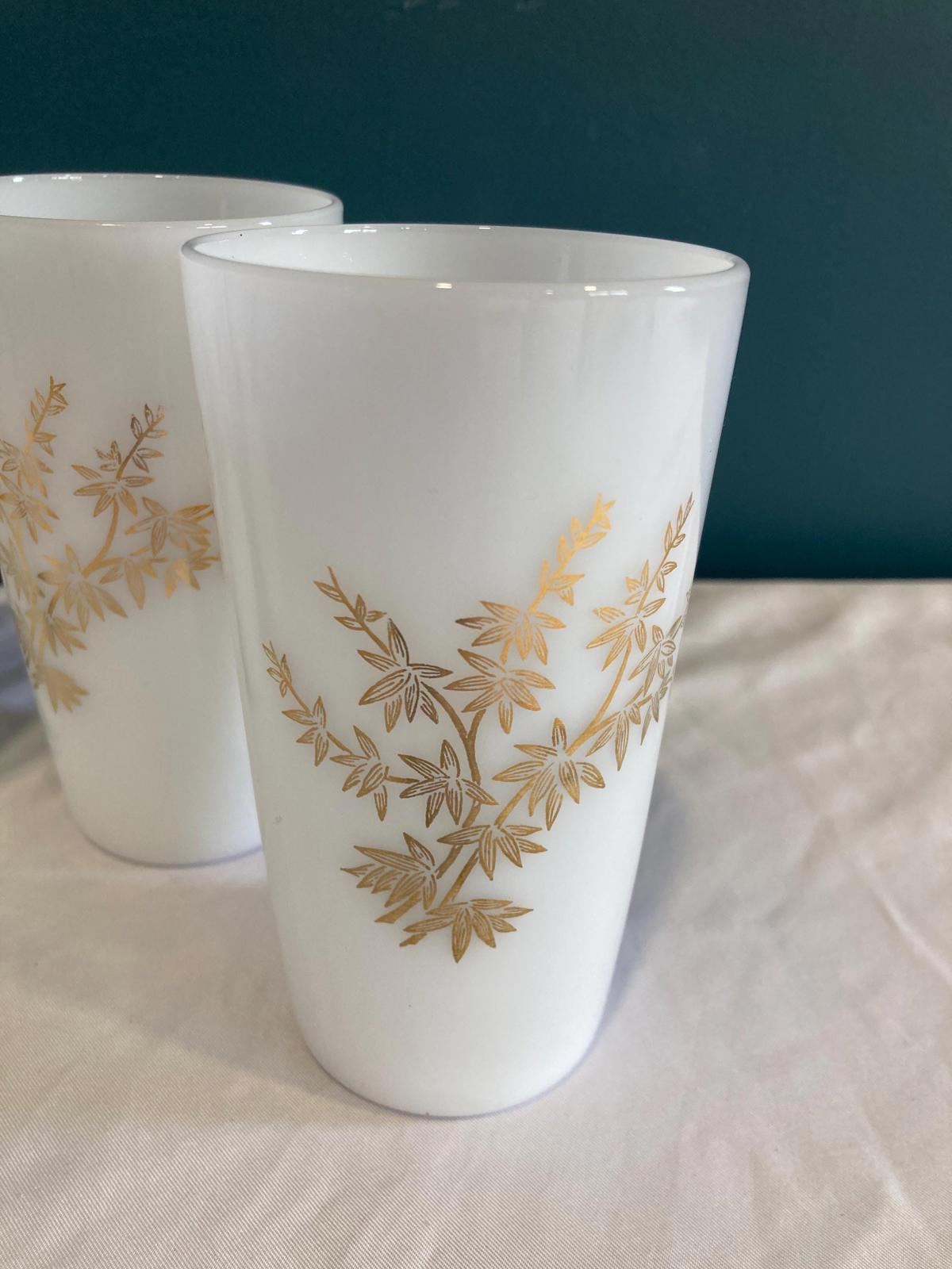 Vintage Milk Glass Tumblers with Gold Leaves, set of 4