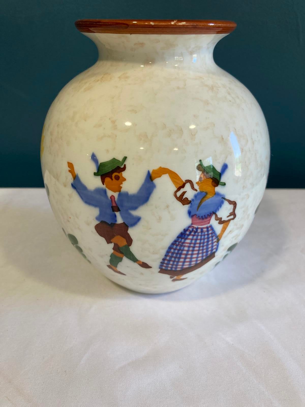 Vintage Ceramic Vase with Dancing Couple Bavarian Scene by Majolika Schramberg