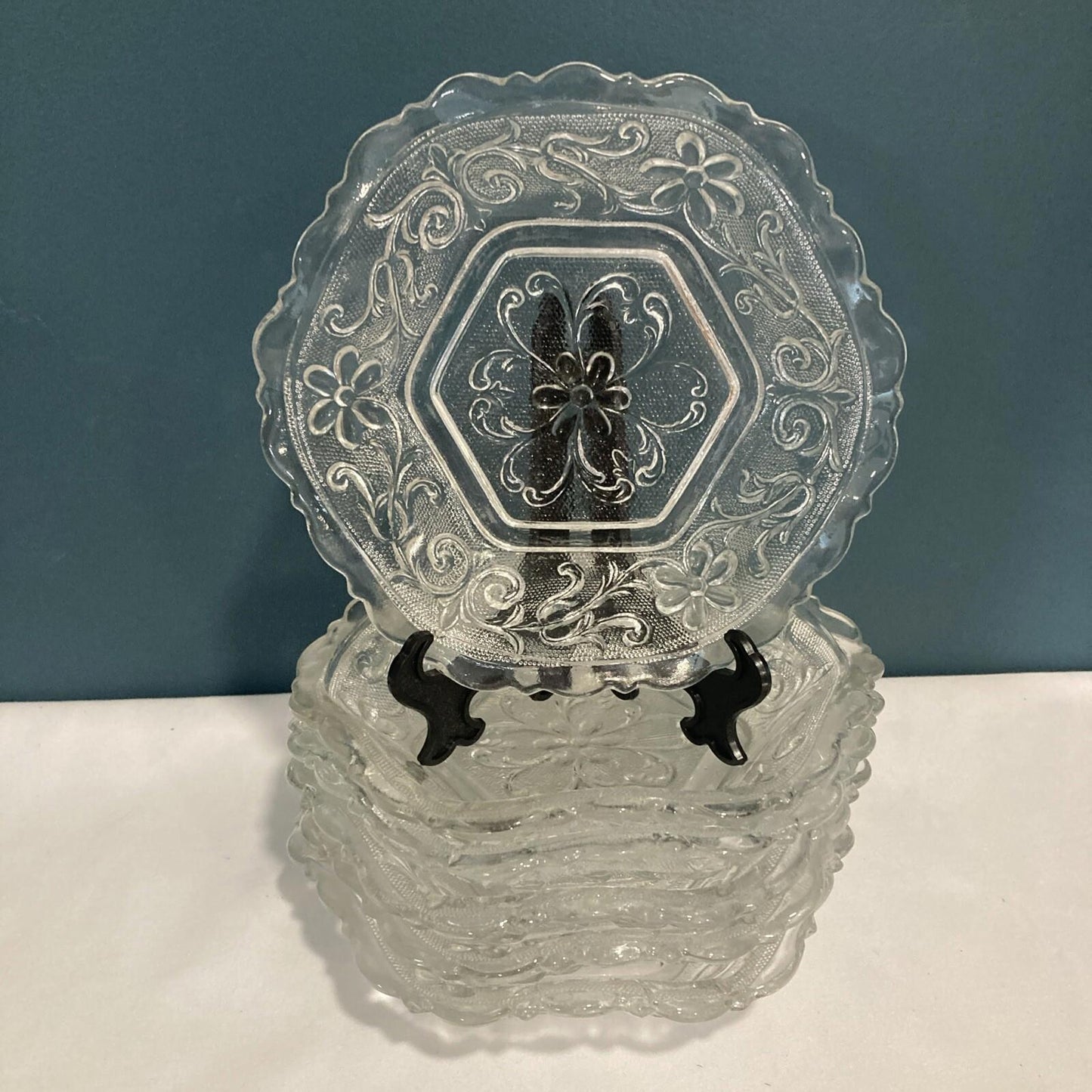Set of 6 Indiana Tiara Clear Glass Sandwich Hex Daisy Bowls 6.25" Vintage