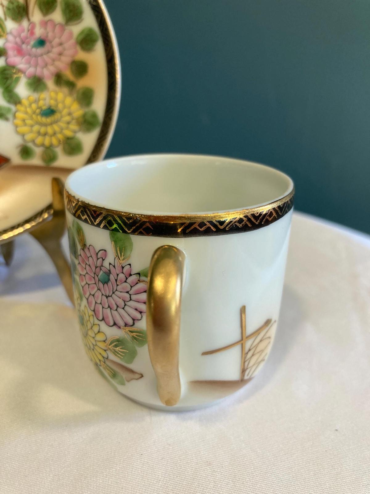 Japanese Lithophane Geishas in Kimonos Floral Bone China Tea Cup & Saucer Set