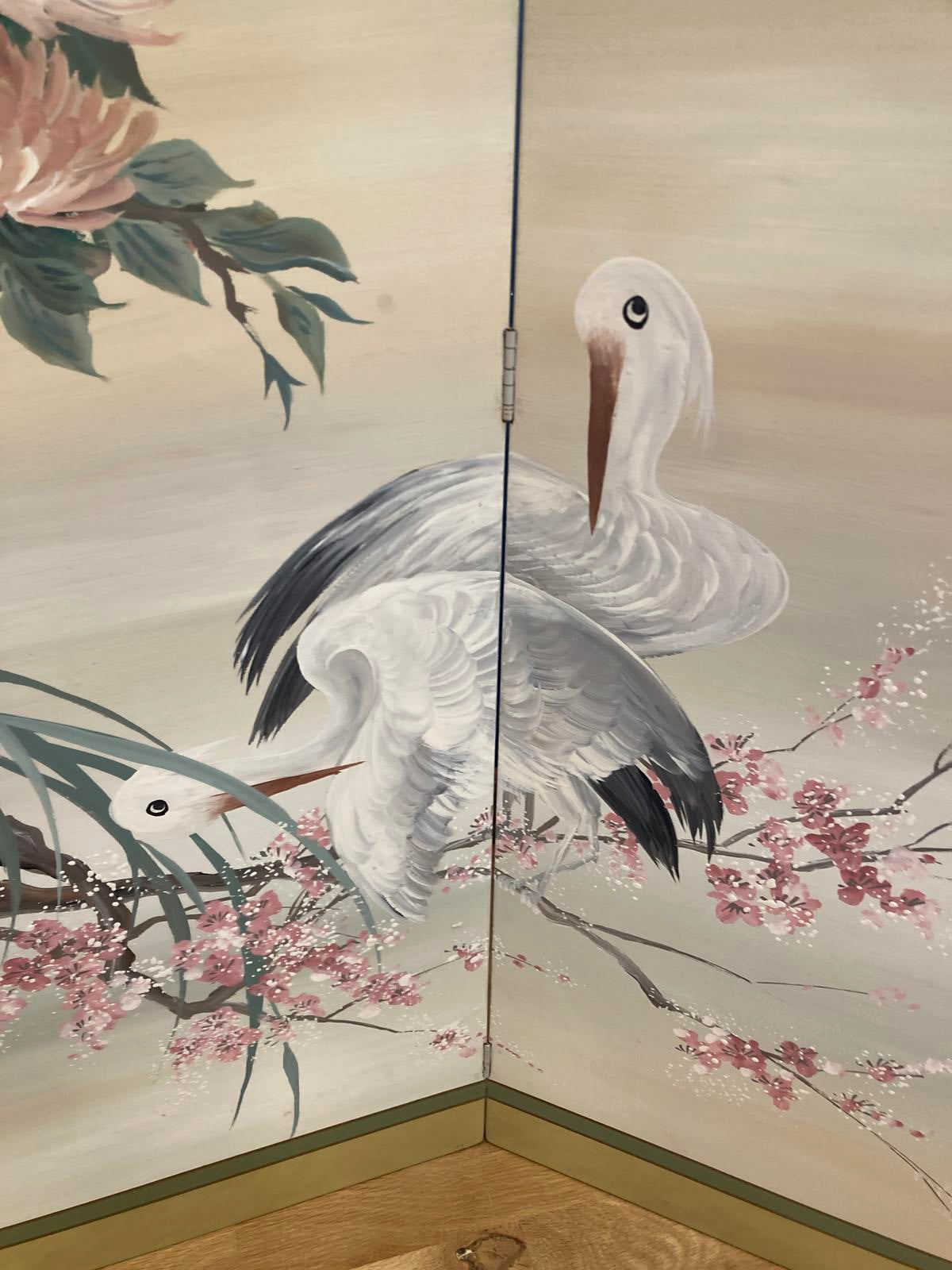 Midcentury Four Panel Wood Screen With Cranes Hand Painted by Lucien Leinfelder