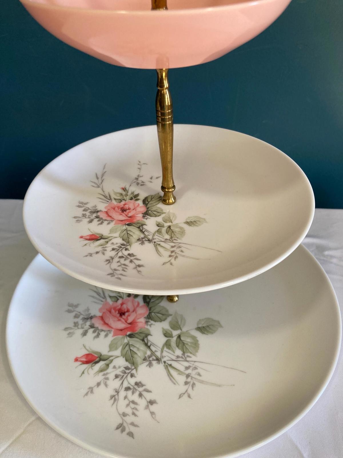 Mid-Century 3-Tiered Pink Roses Server With Brass Handle