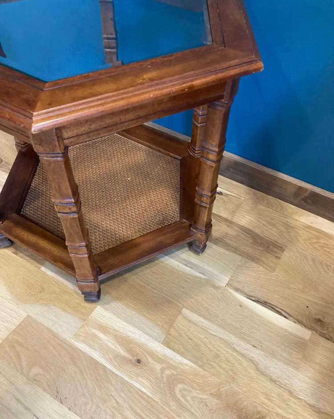 Midcentury Glass Topped Side Table with Cane Shelf