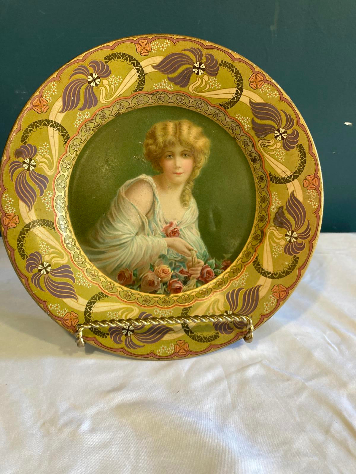 Royal Saxony “Flower Girl” Decorative Metal Plate by Chas W. Shonk Co. Chicago