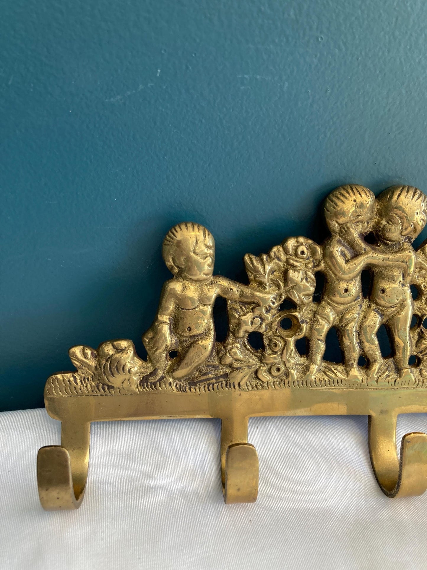 Vintage Solid Brass Cherub Hanger With 5 Hooks