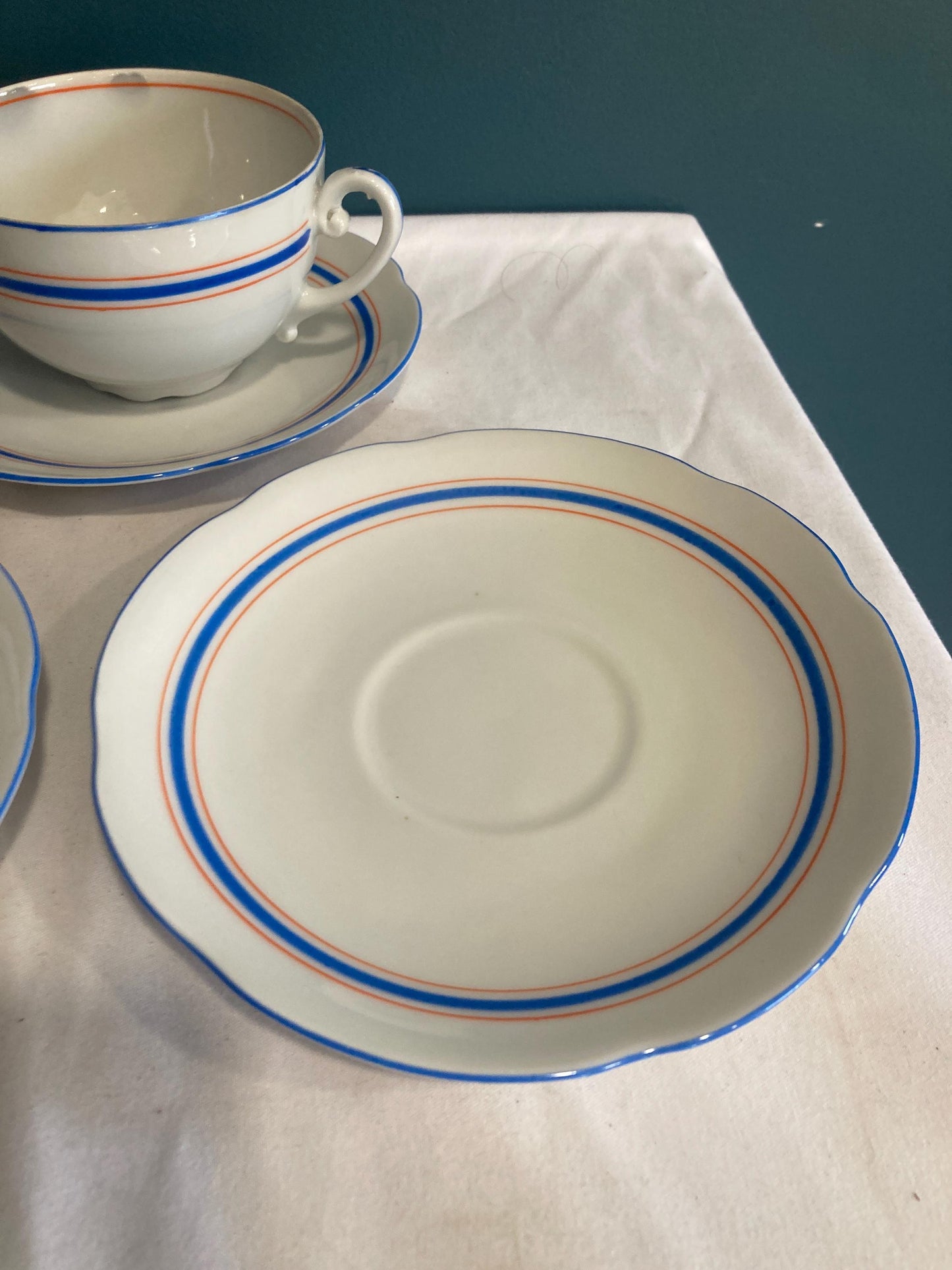 Vintage Orange & Blue Stripe Czechoslovakian Tea Cups, Set of 6