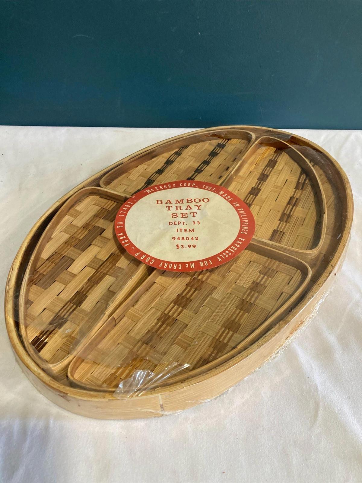 Vintage Midcentury bamboo tray set in original packaging, set of 5