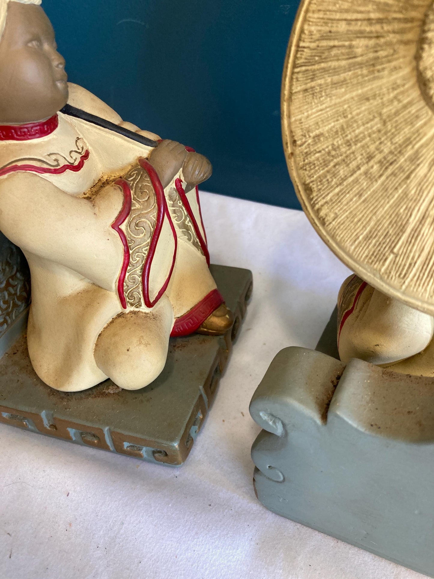 Vintage Devonware Chalkware Asian Boy and Girl bookends Made in Canada Genuine Hand Painted Ceramic