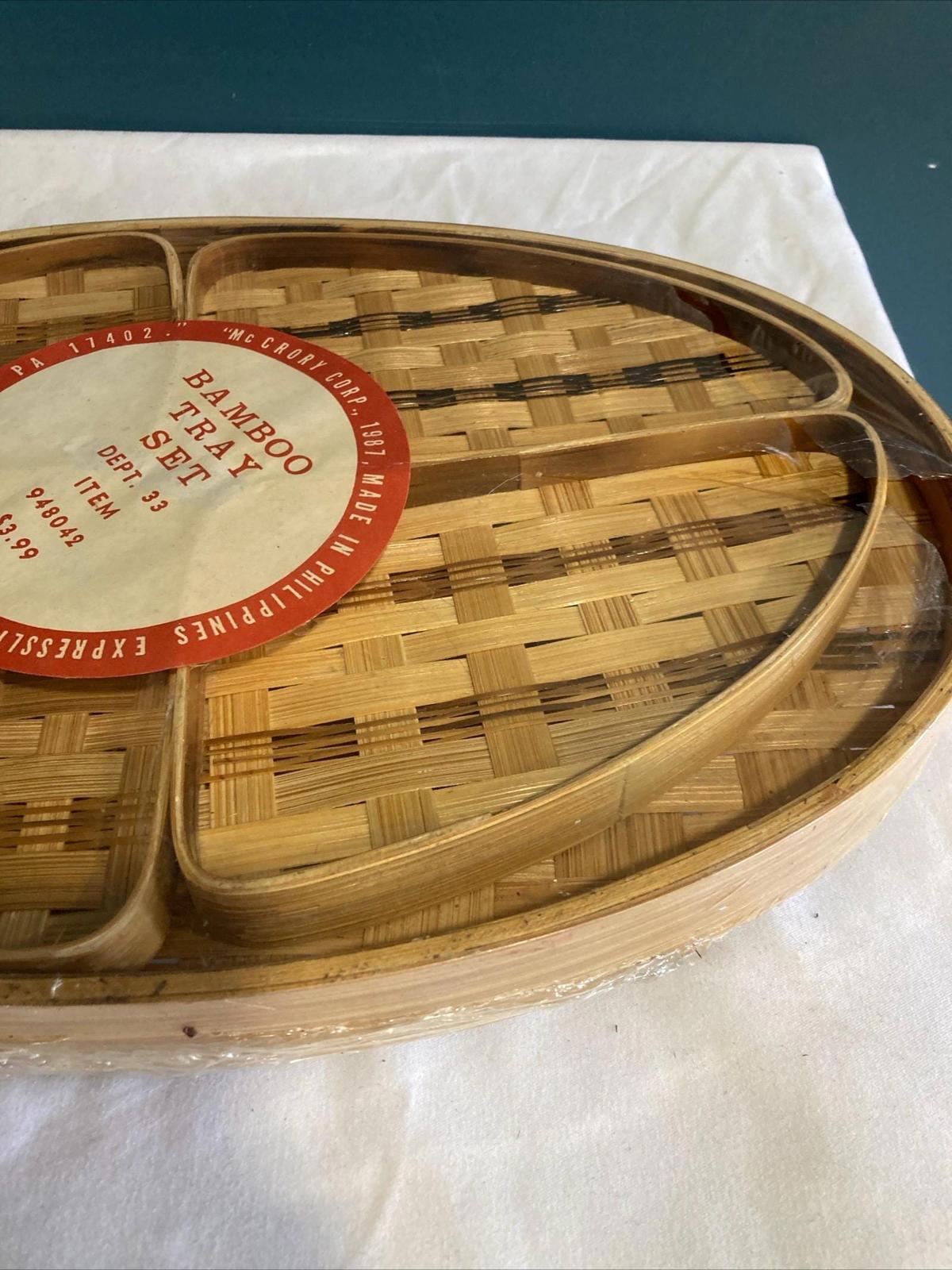 Vintage Midcentury bamboo tray set in original packaging, set of 5