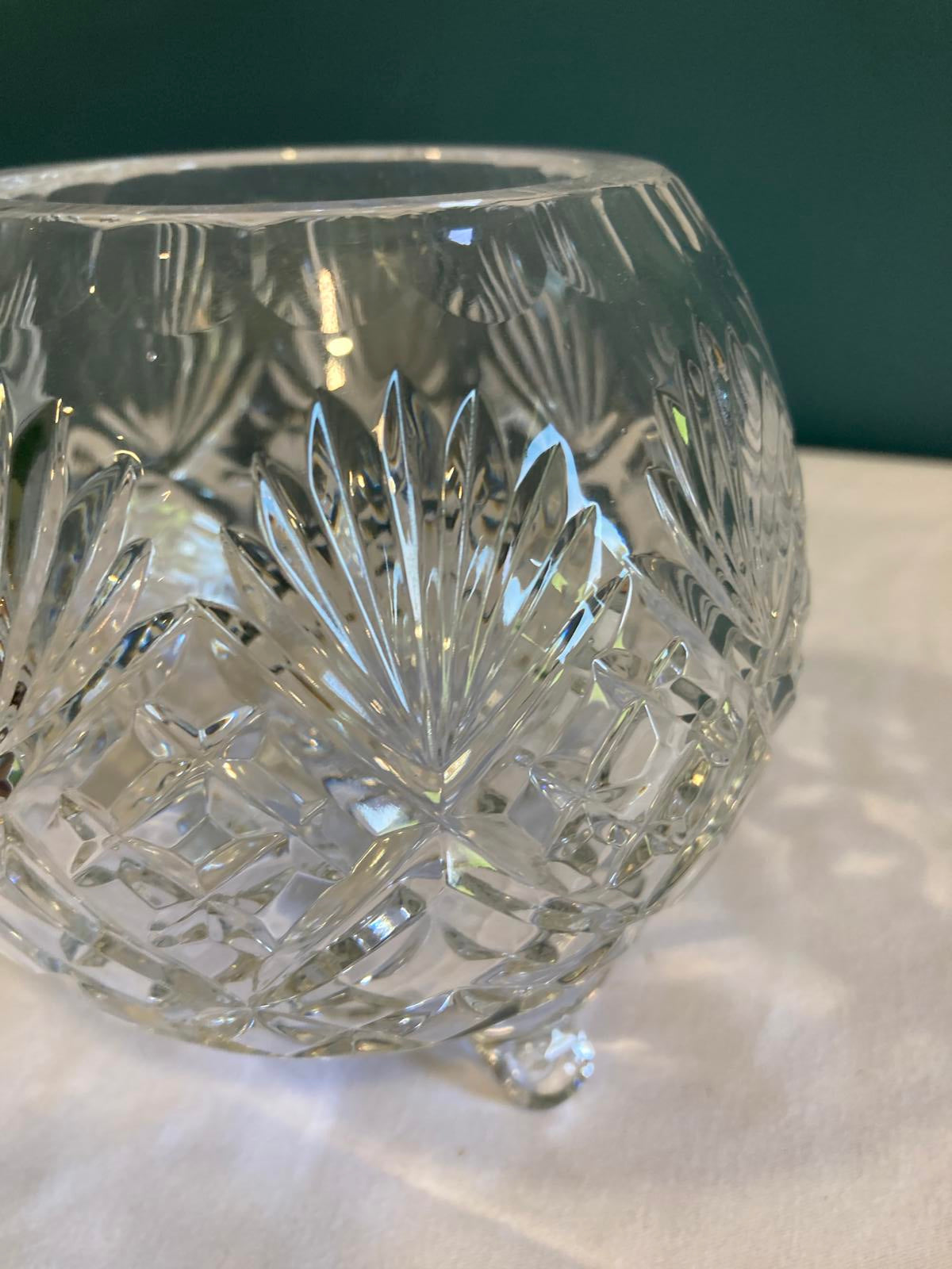 Vintage Cut Glass Footed Bowl – Starburst & Diamond Pattern