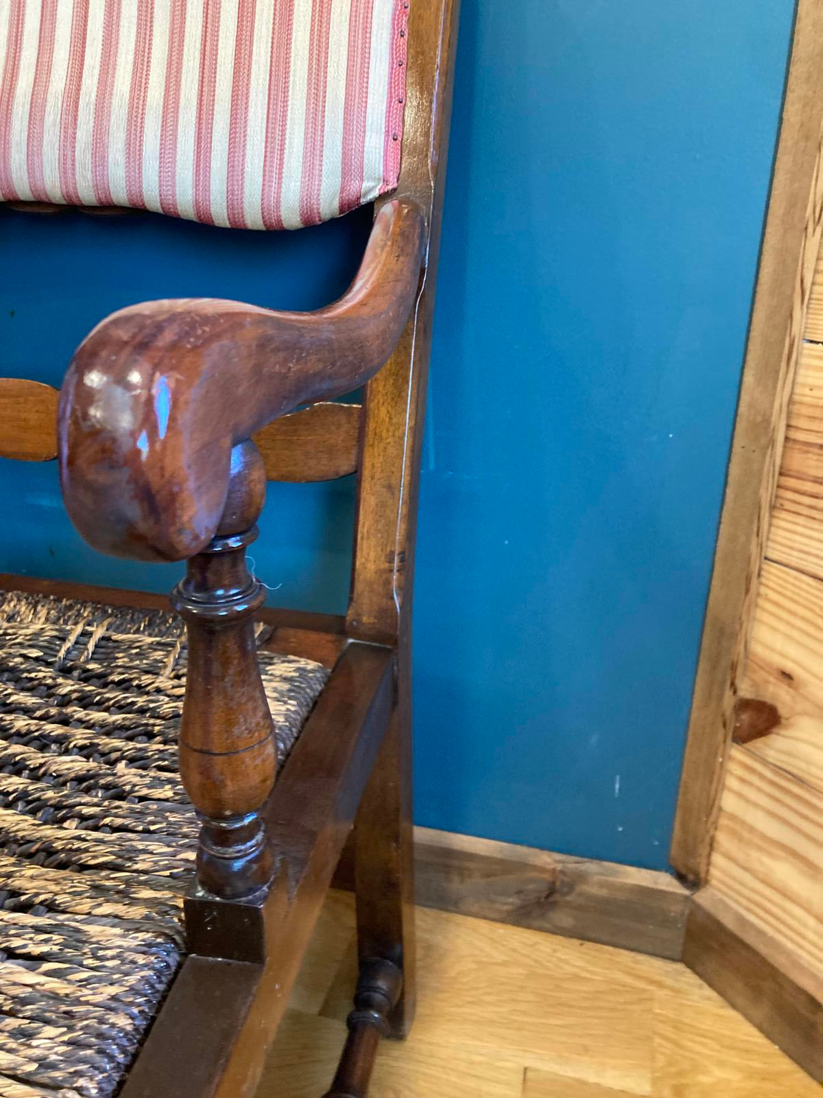 Antique Wood Armchair With Rush Seat & Striped Upholstered Back