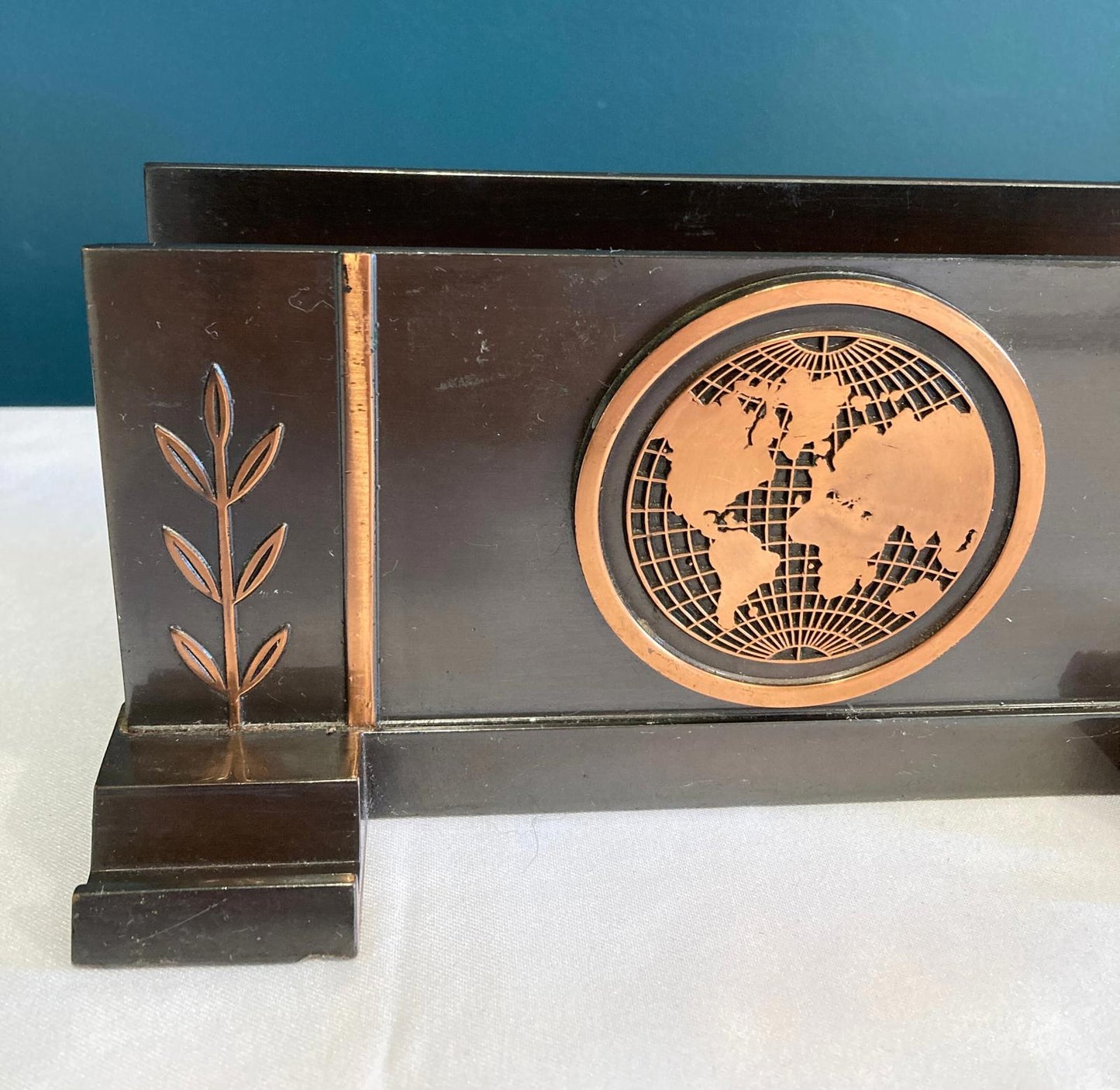 Vintage Copper & Metal Letter Holder with World Map – Leaf Motif, Velvet Base