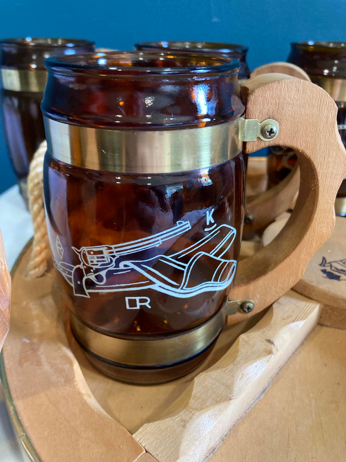 Vintage Amber Glass Cowboy Mugs with Wood Handles and Wagon Wheel Tray Set of 7