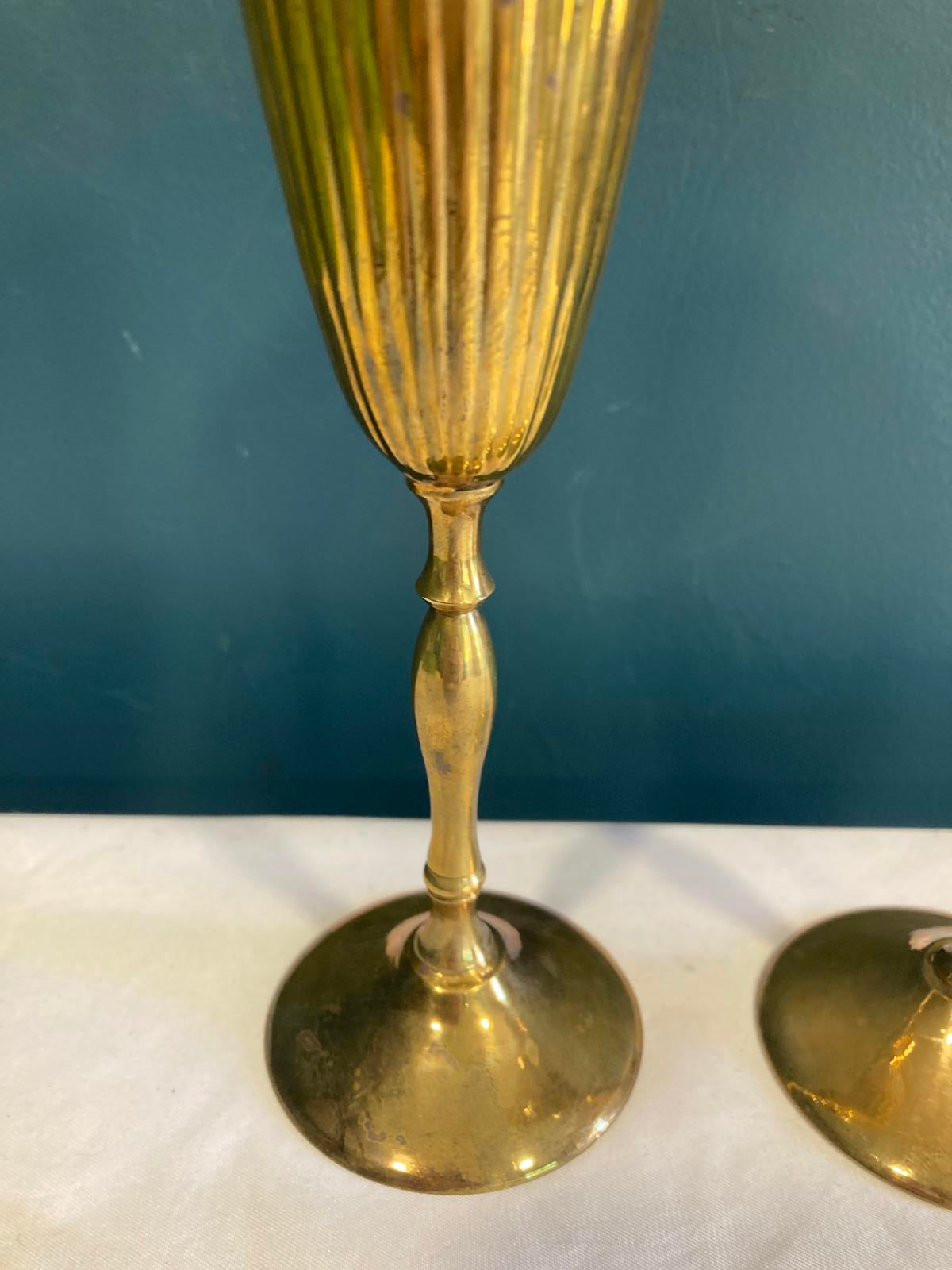 Vintage Brass Champagne Flutes – Ribbed Gold Goblets, Set of 2