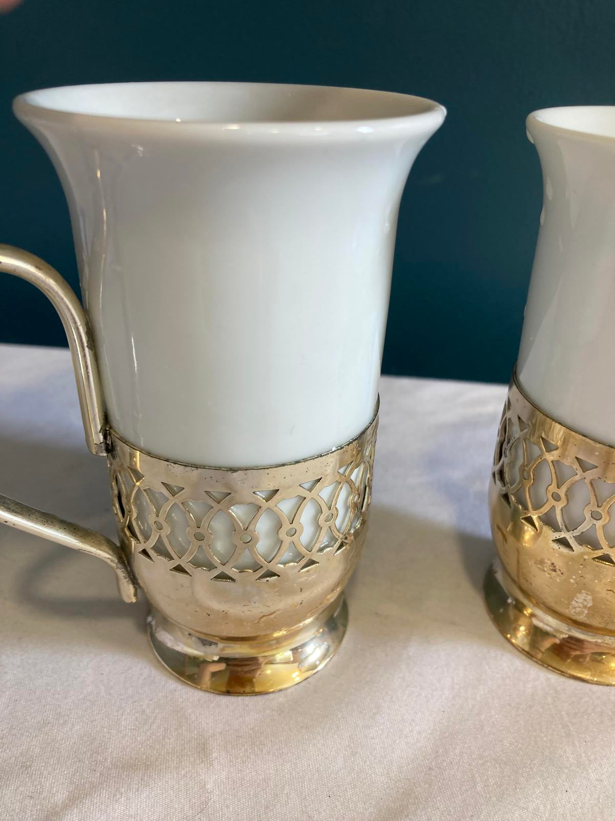 Vintage Shamrock Porcelain Mugs with Silver Holders, Irish Coffee Cups