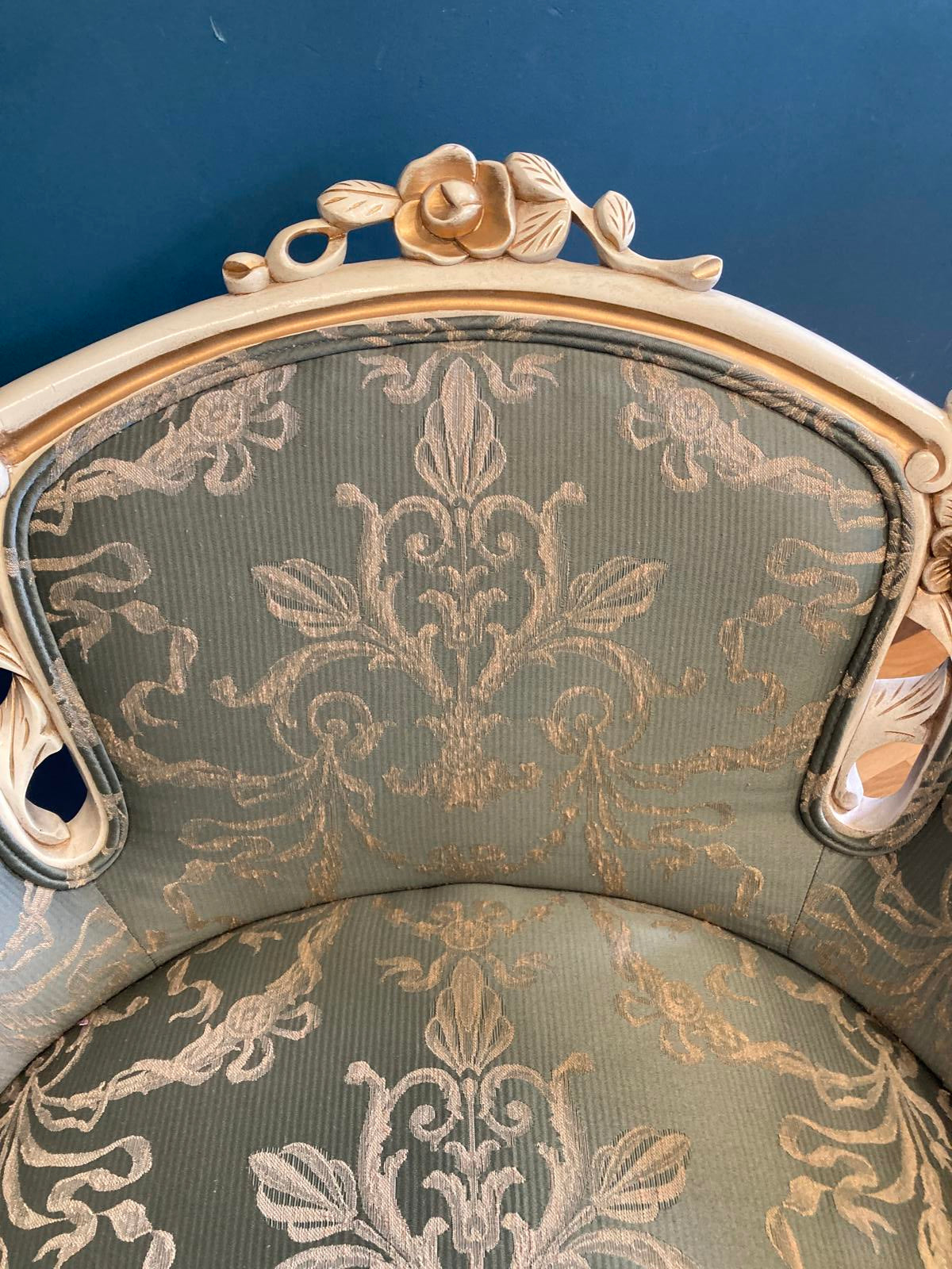 Pair of French Louis XV Style Bergère Chairs With Green Damask Upholstery