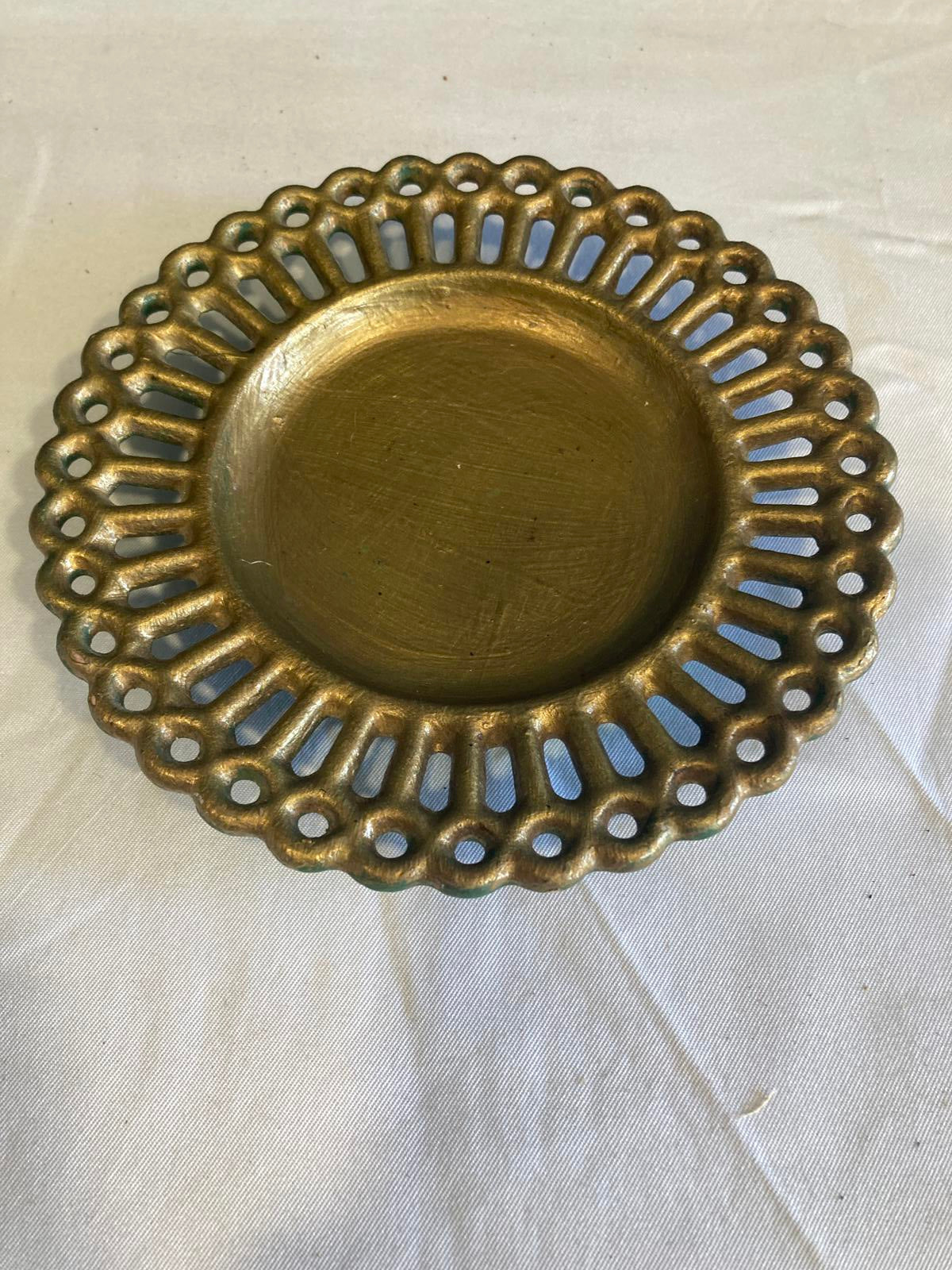 Vintage Gold Ceramic Candleholder with Pierced Edges