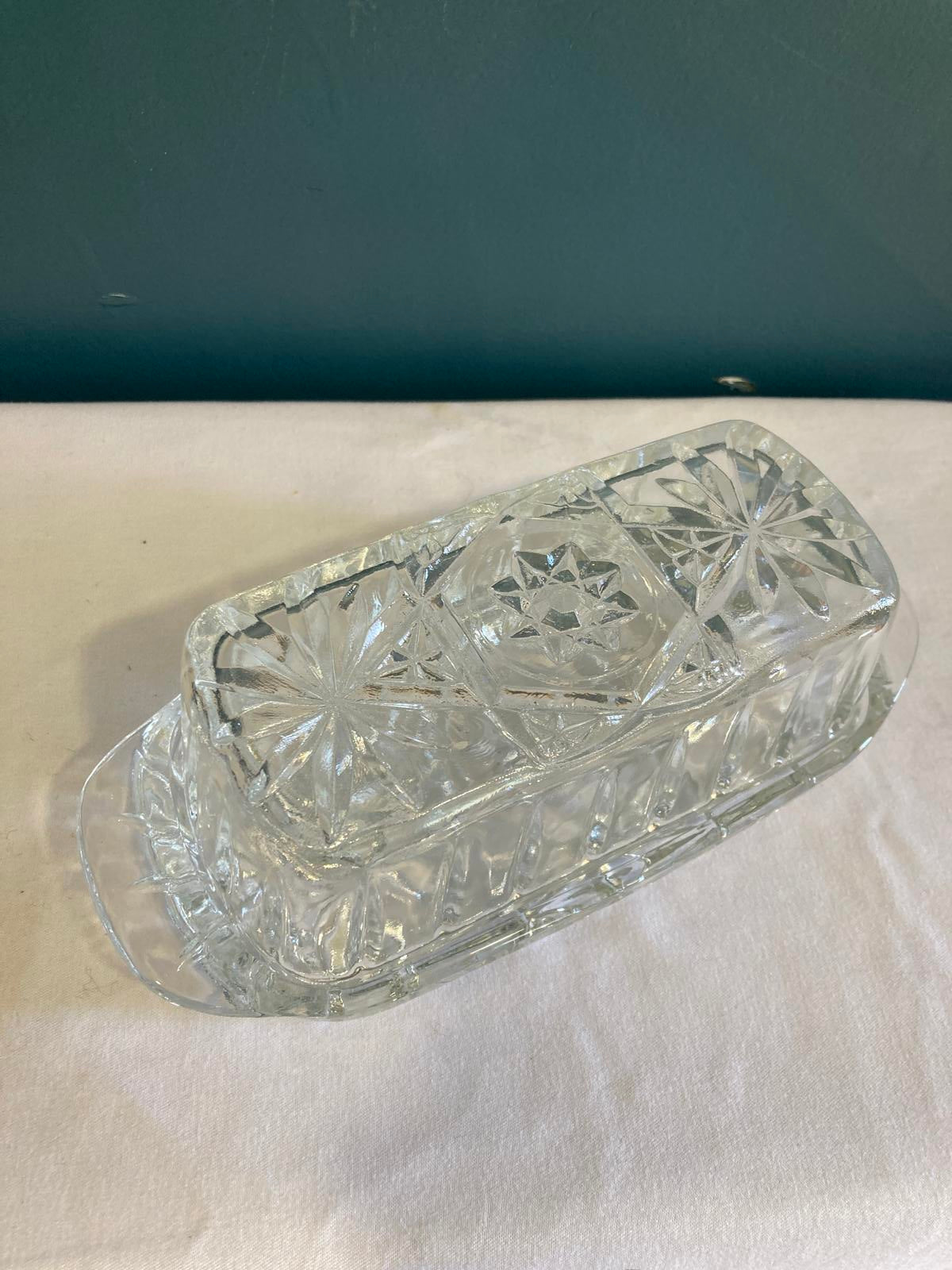 Vintage Pressed Glass Butter Dish with Starburst Design