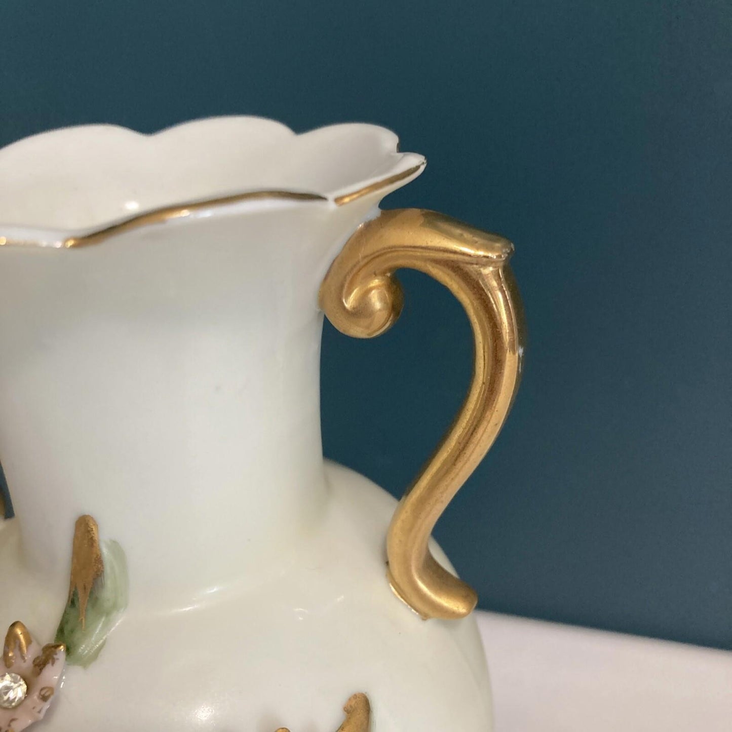 Vintage Porcelain Vase with Gold Handles and Floral Relief