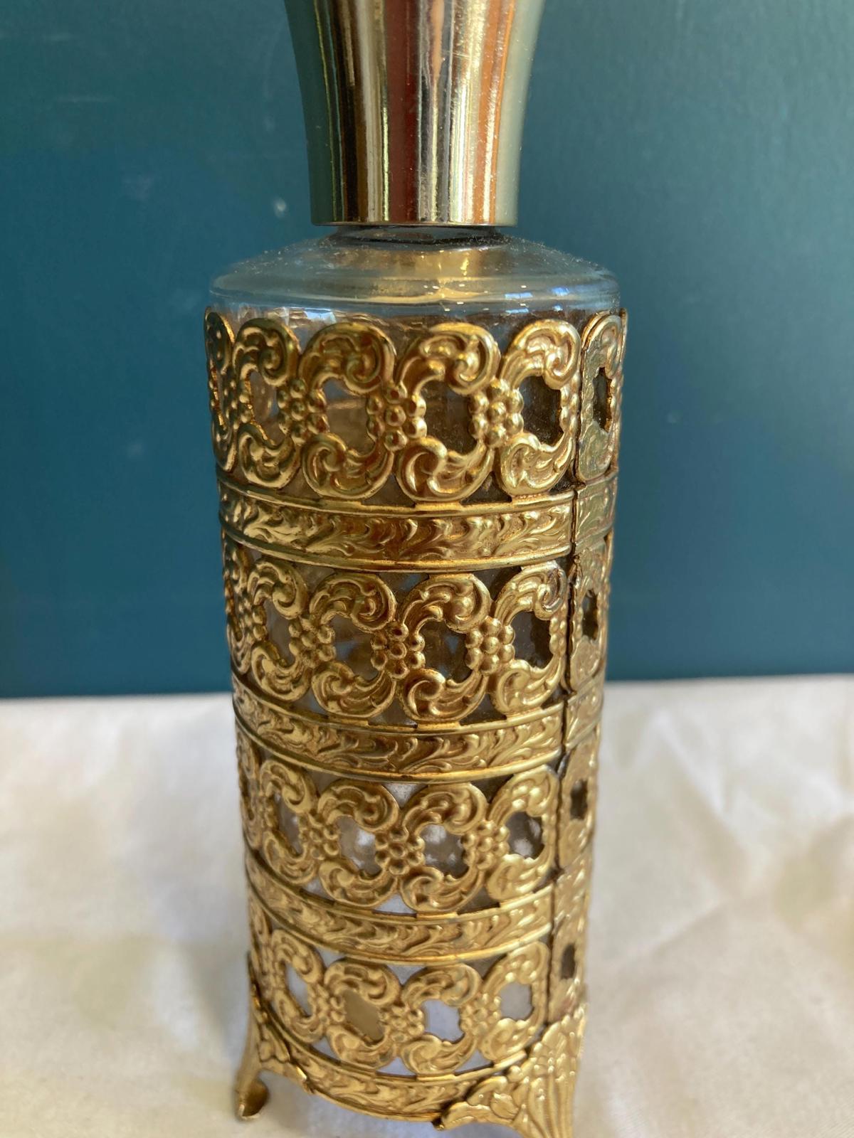 Vintage Ornate Brass Rose Perfume Bottle with Glass Insert