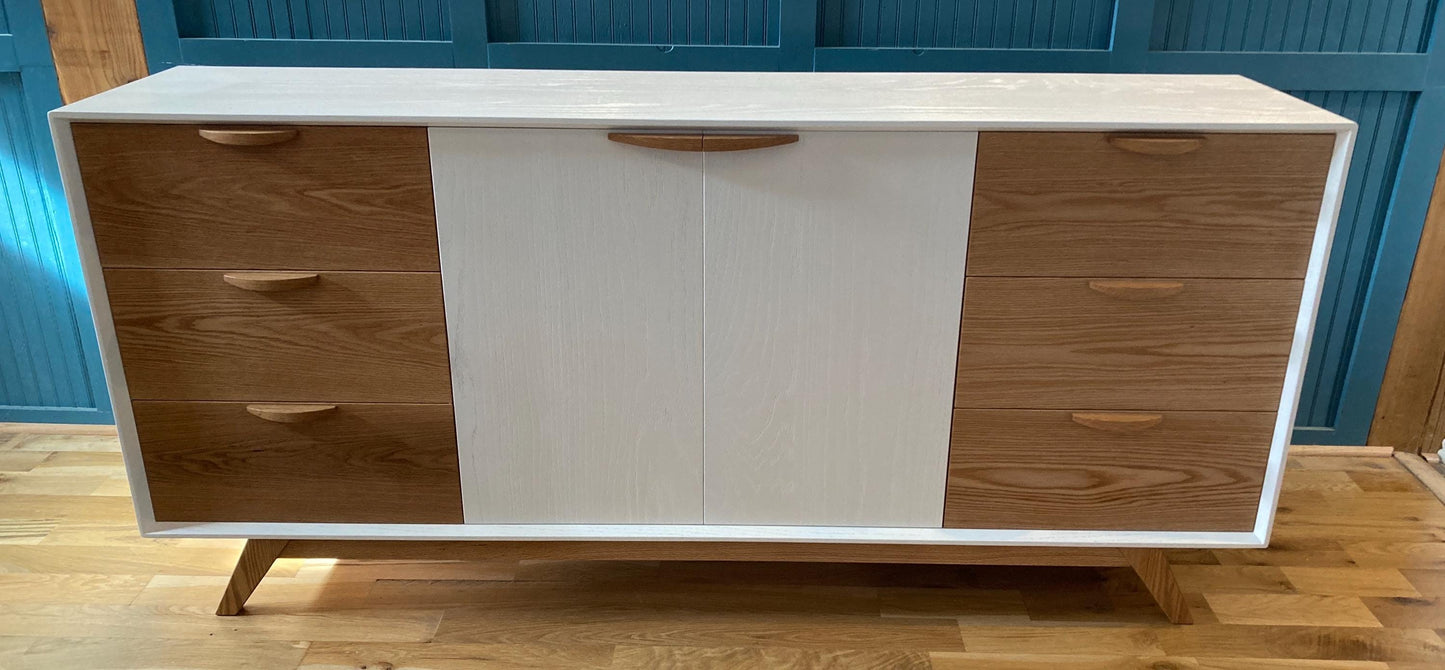 Handcrafted White Solid Oak MCM Cabinet Buffet Sideboard with 6 Drawers
