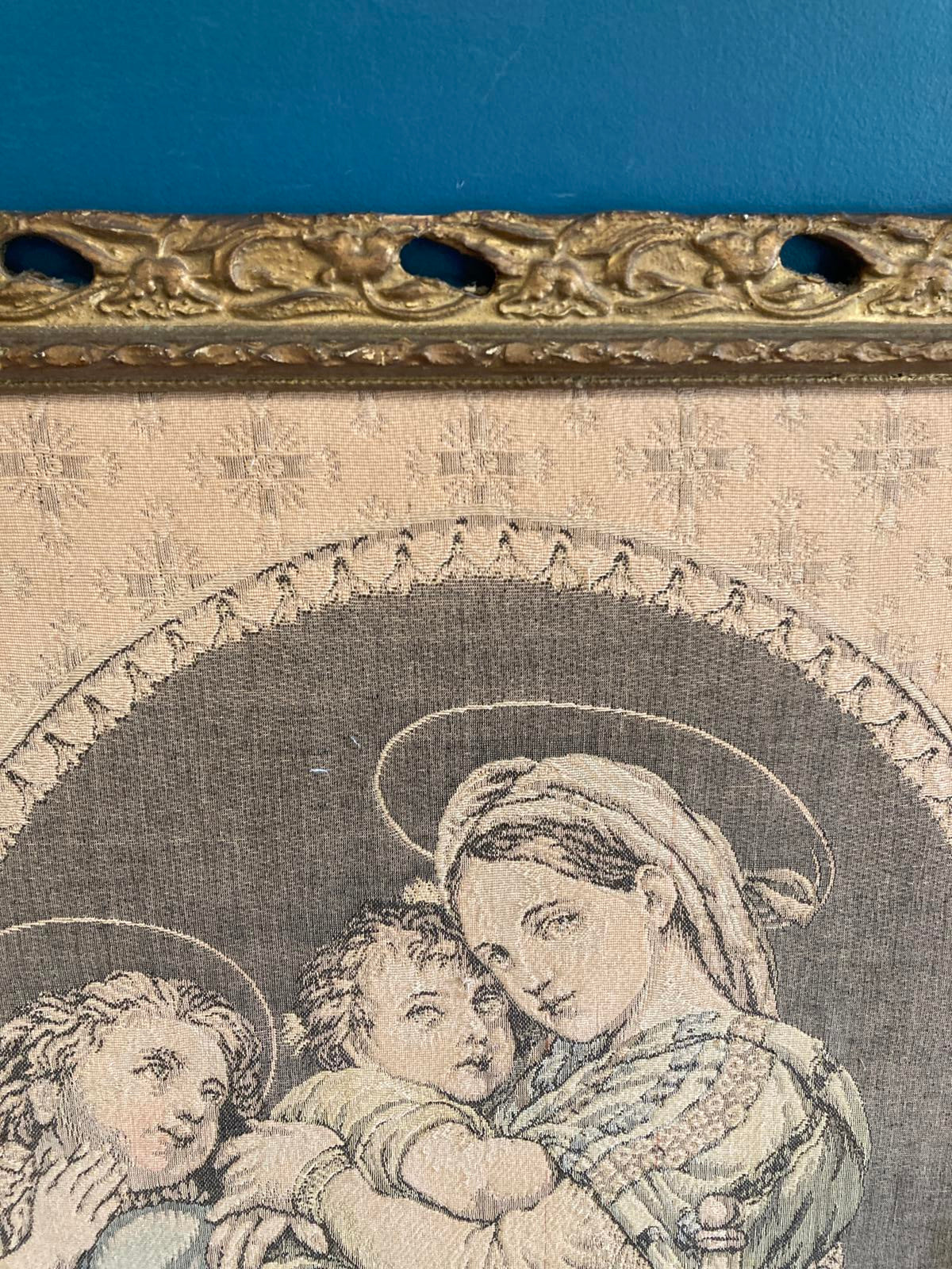 Antique Madonna and Child Framed Tapestry with Gold Frame