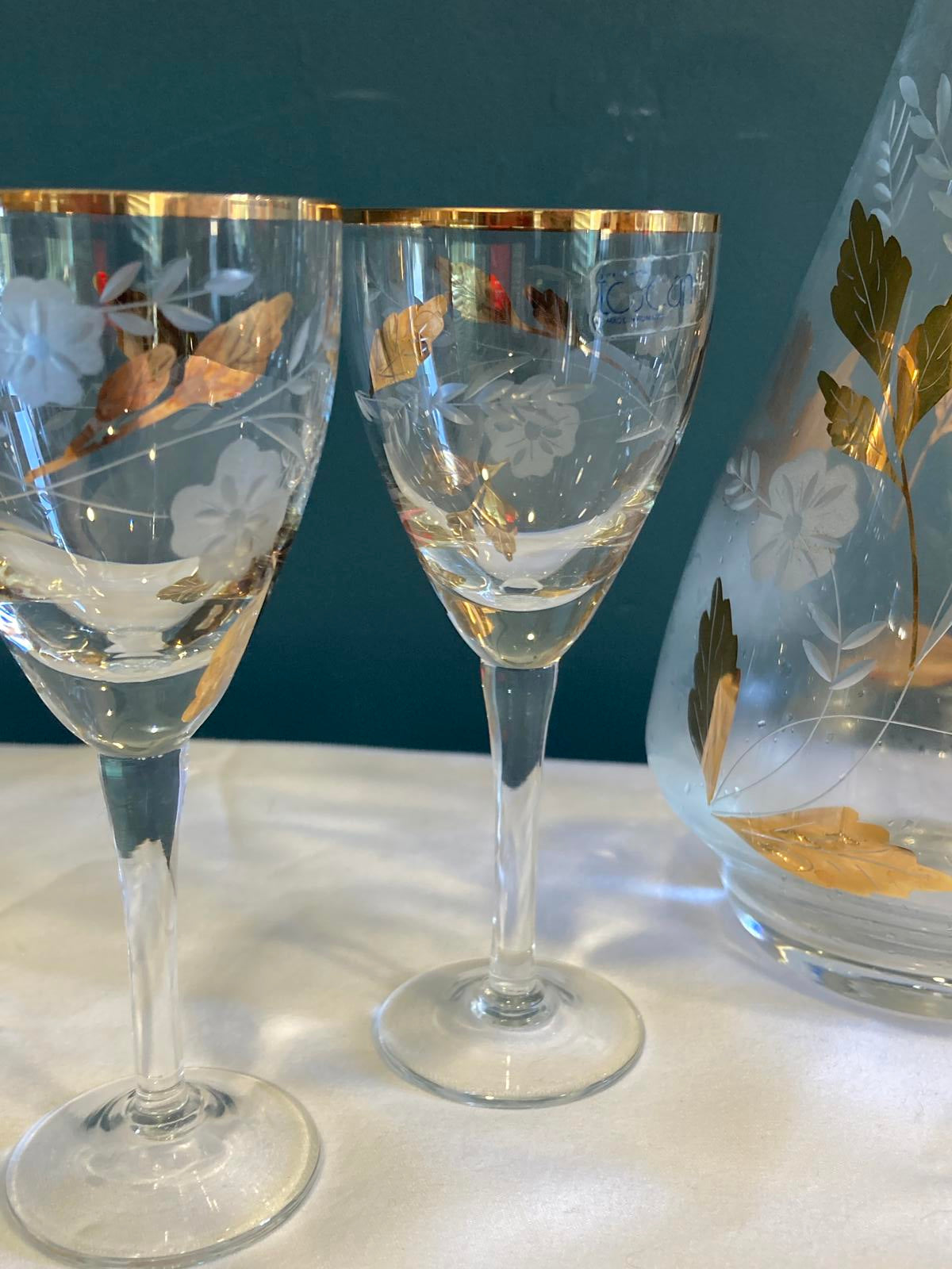 Toscany Gold Leaf Wine Glasses & Pitcher Set – 7 Pc Vintage Finds
