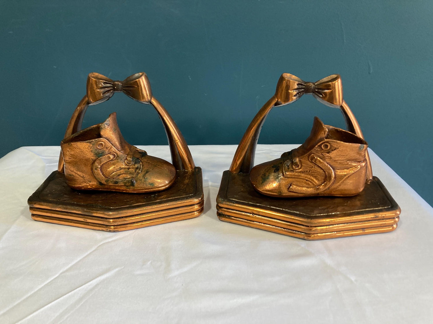 Vintage Cast Bronze Baby Shoe Bookends, Set of 2