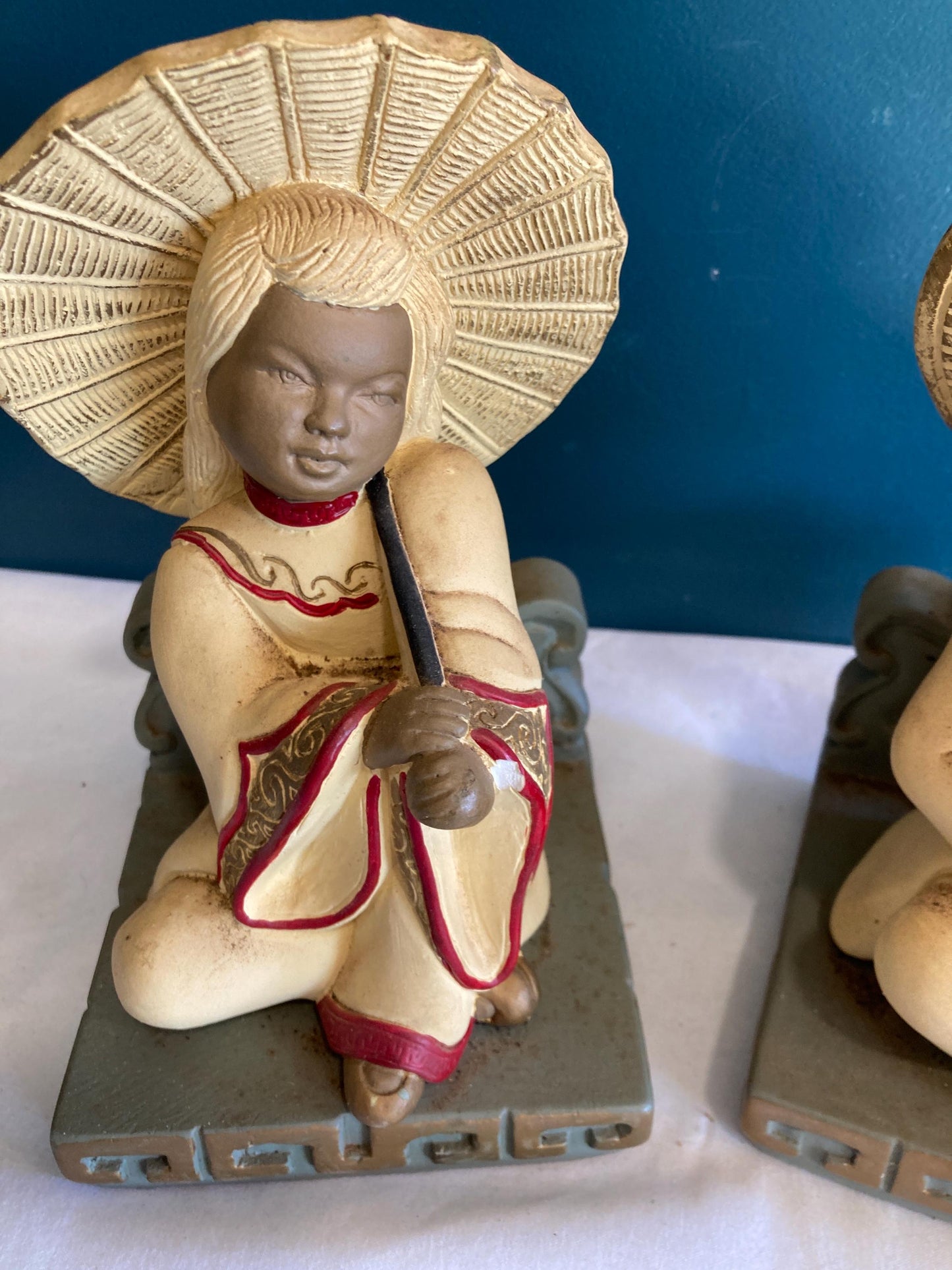 Vintage Devonware Chalkware Asian Boy and Girl bookends Made in Canada Genuine Hand Painted Ceramic