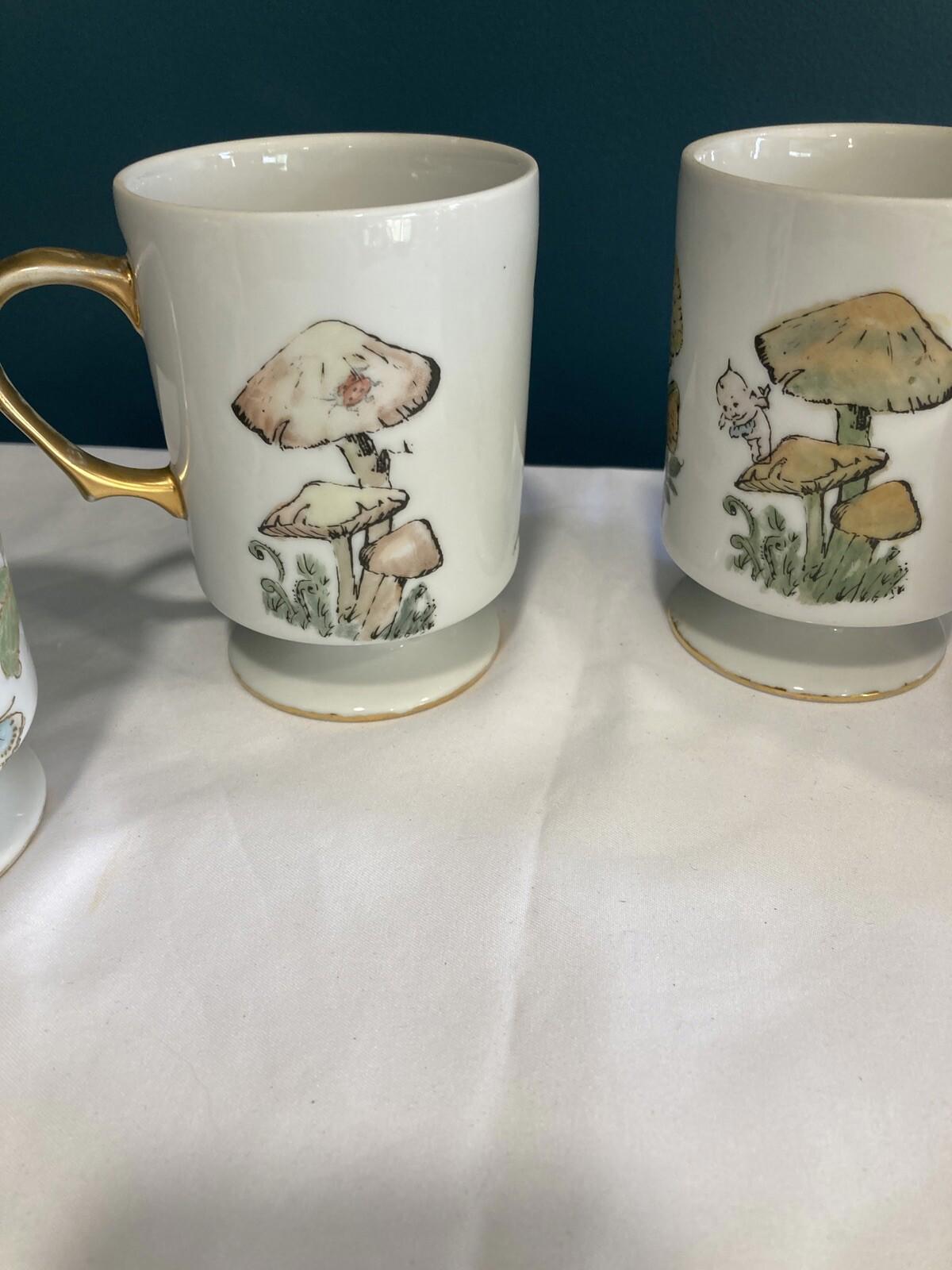1970s Hand Painted Mushroom & Butterfly Mugs – Gold Trim – Signed Set of 2