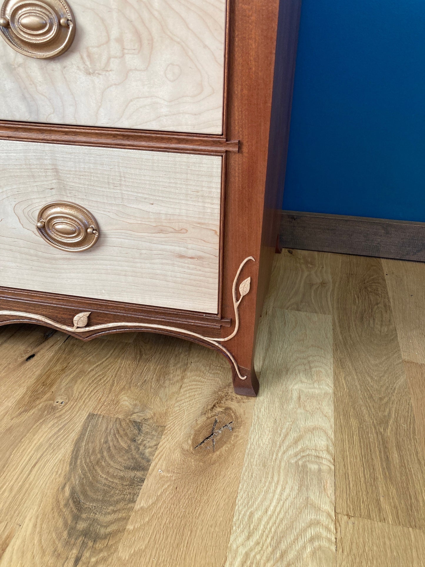 Handcrafted Mahogany & Maple 3-Drawer Dresser with Hand Carved Leaves