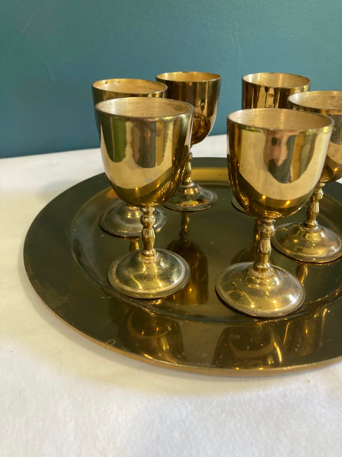 Vintage Solid Brass Goblet Set with Tray – 6 Small Cups & Serving Tray R Albanez