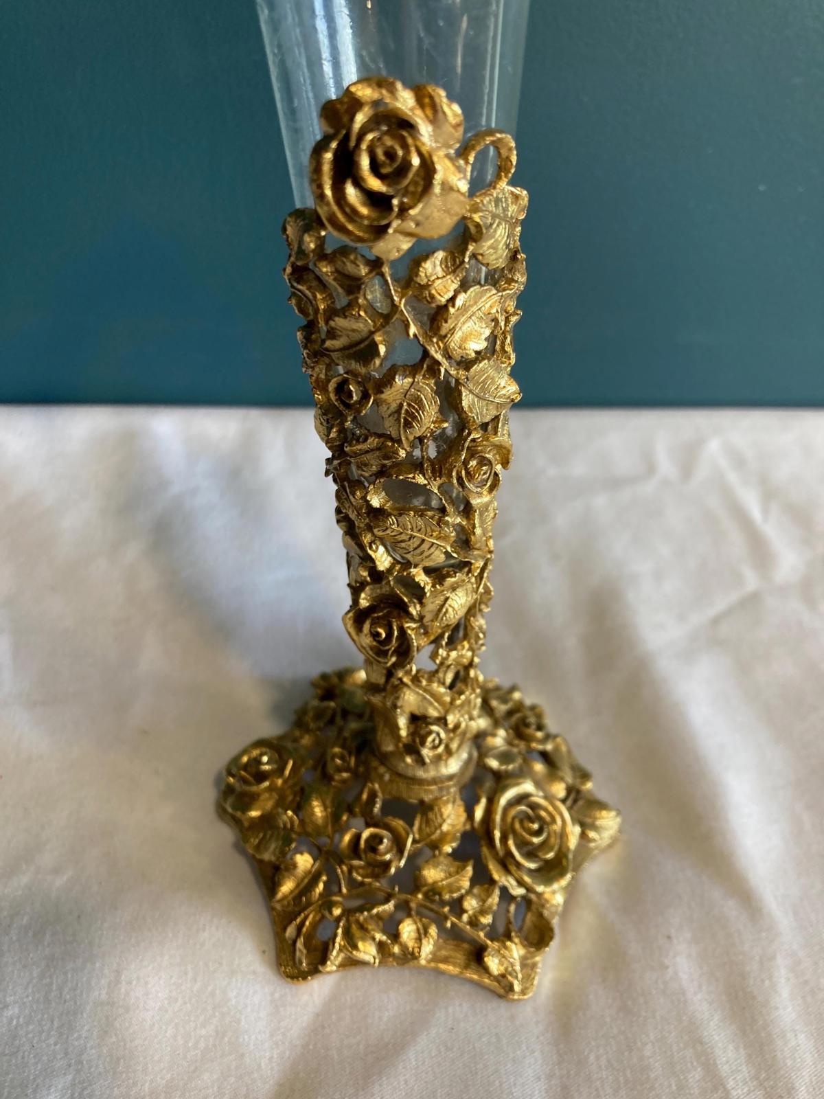 Vintage Matson Brass Roses Bud Vase with Glass Insert