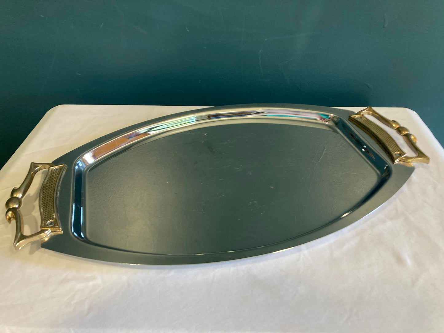 Vintage Kromex Serving Tray – Chrome & Brass Handles, Midcentury Modern Barware