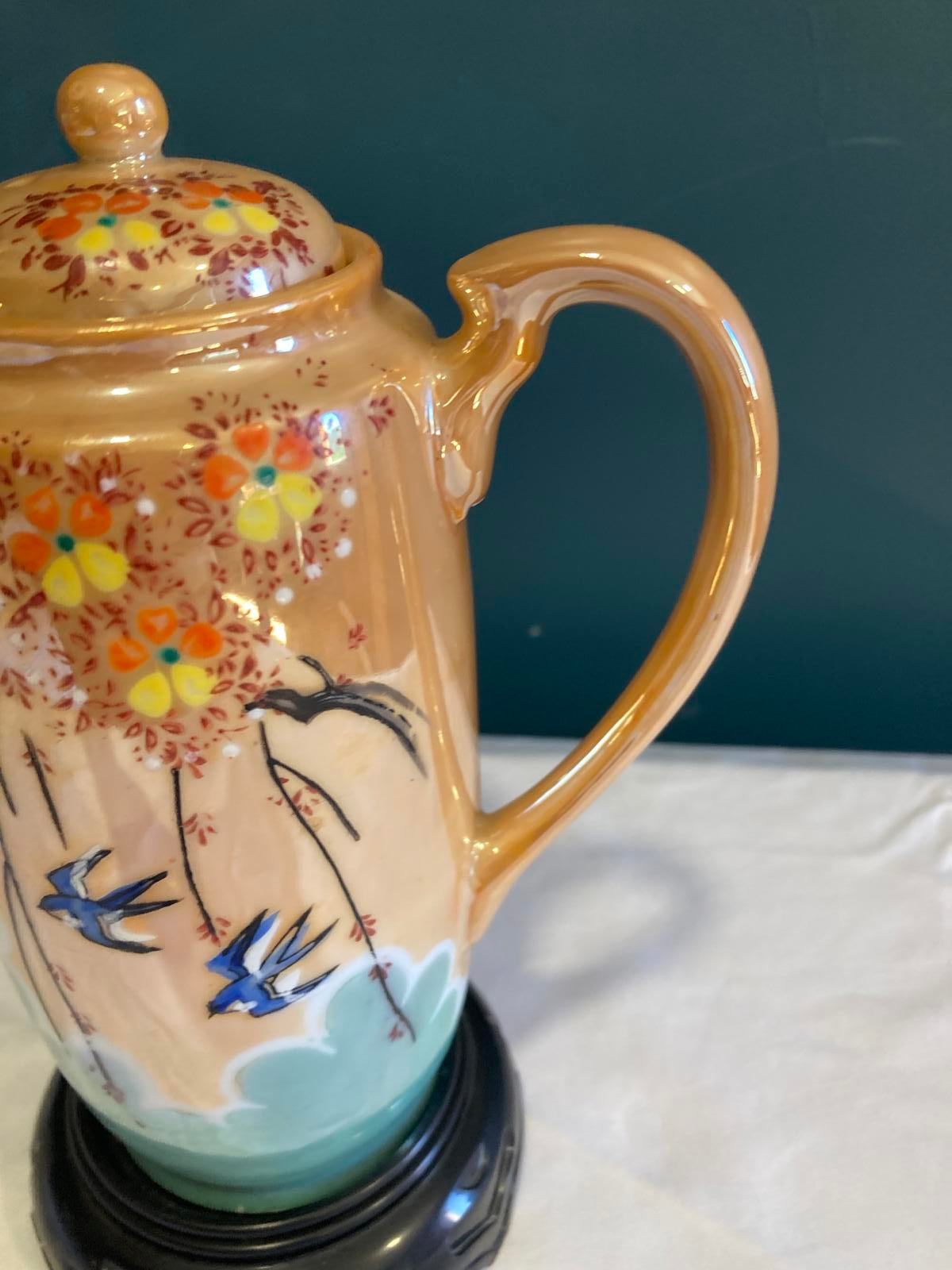 Vintage Hand Painted Porcelain Japanese Teapot with Swallow Birds